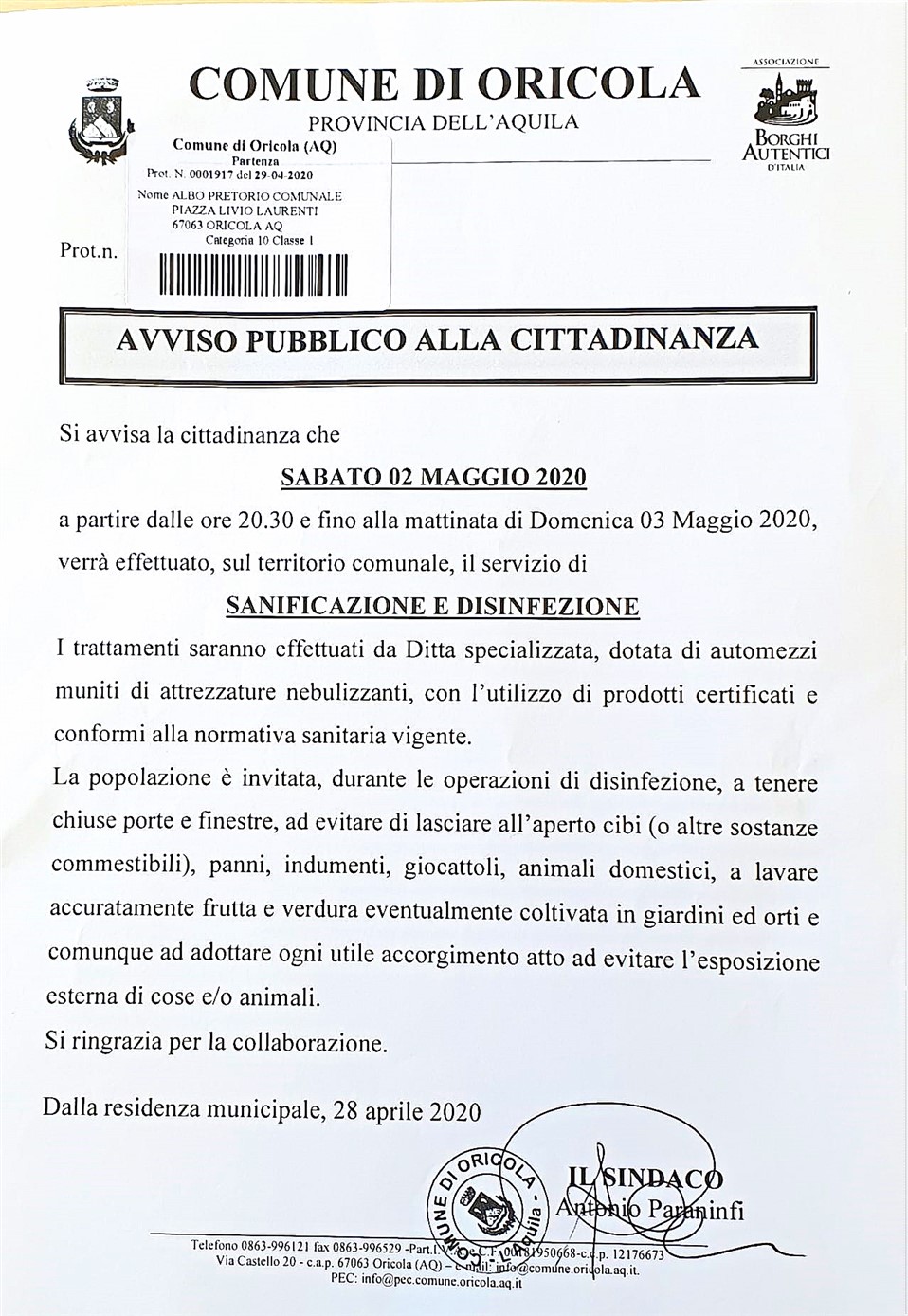 Comune di Oricola, Sanificazione e Disinfestazione