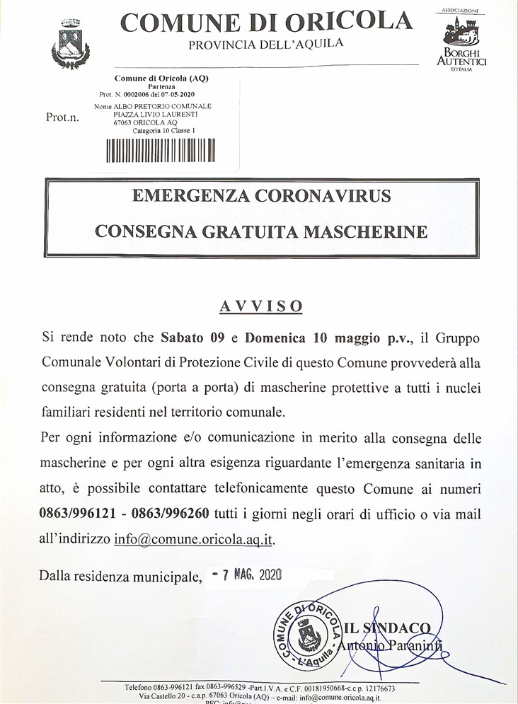 Consegna mascherine per la protezione da Covid-19 ad Oricola