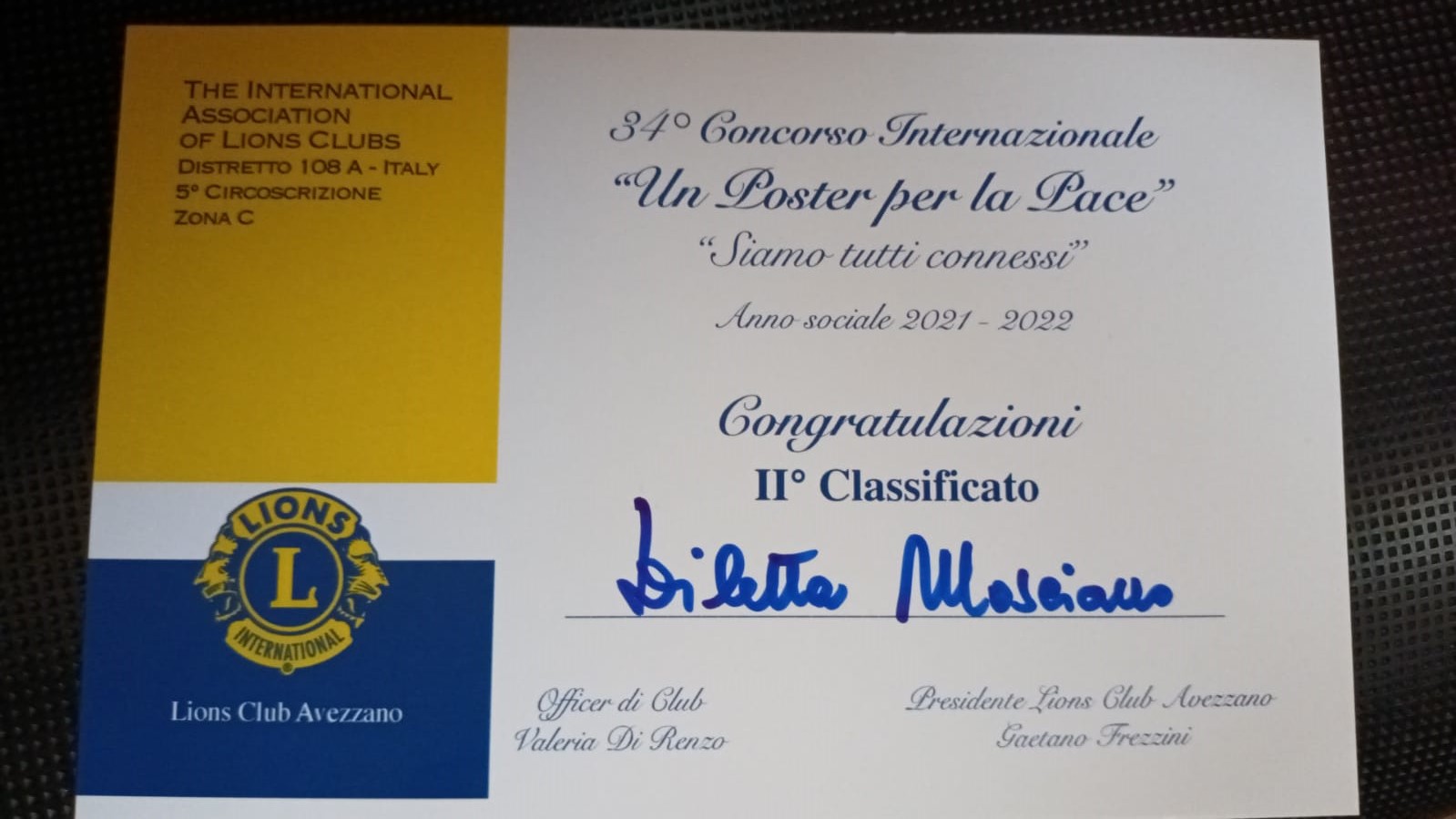 Attestato della Vincitrice