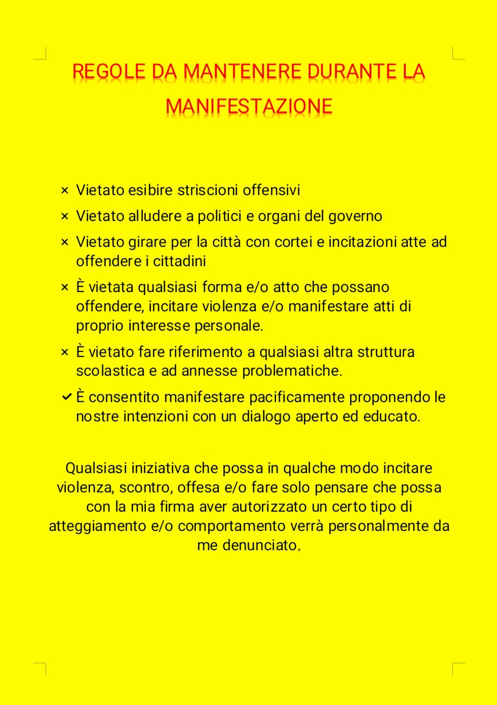 Regole da mantenere durante la manifestazione