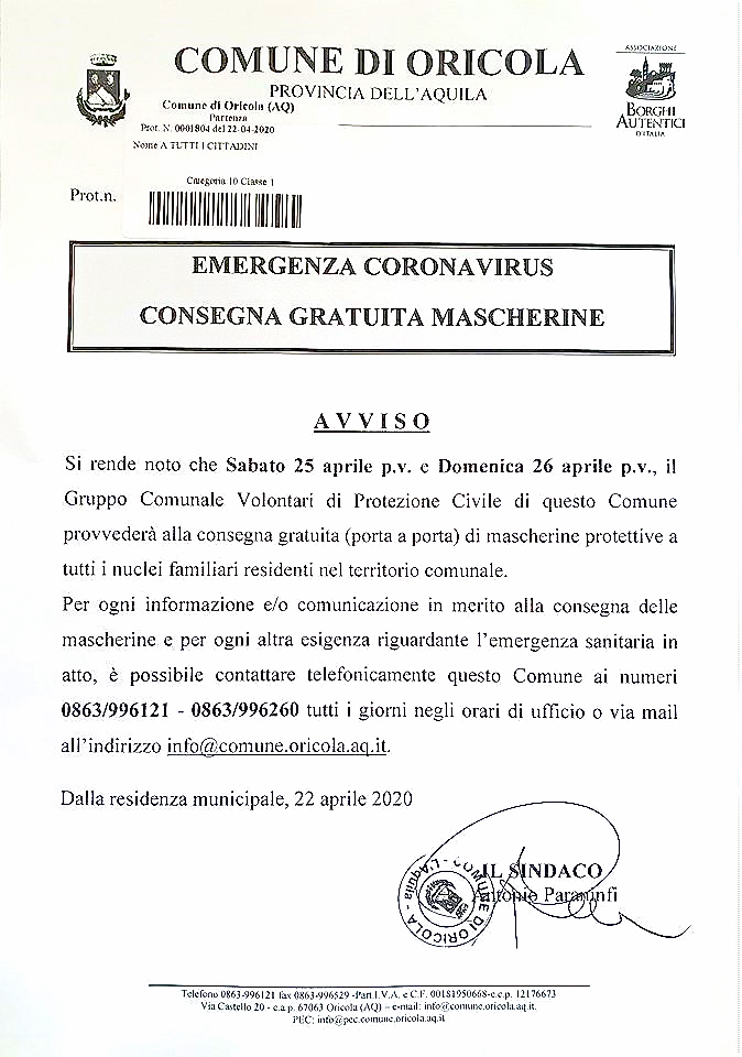 Oricola, seconda consegna mascherine coronavirus