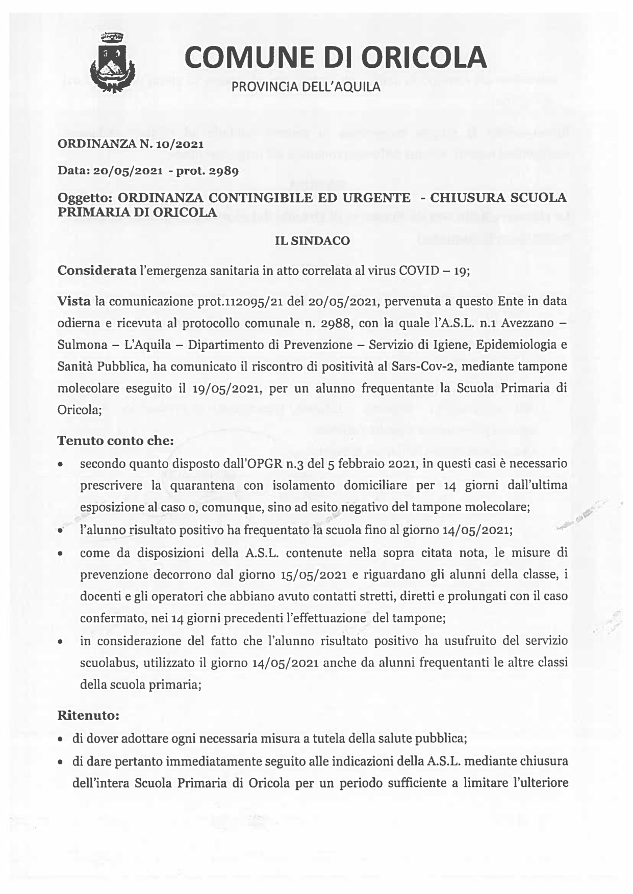 ordinanza di chiusura scuola primaria Oricola 1