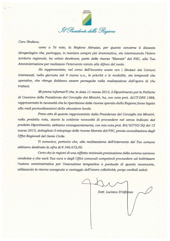 Lettera del Presidente della Regione Abruzzo all'ex Sindaco D'Antonio del 8/4/2015