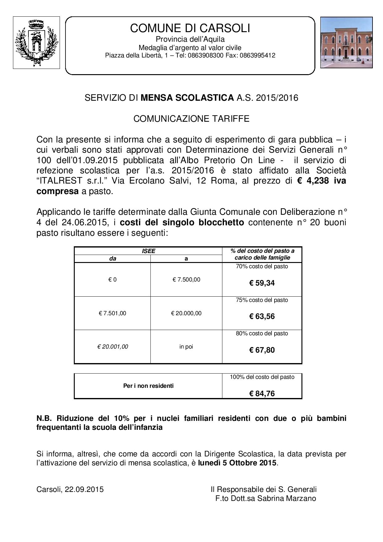 Tariffe Mensa Scolastica Carsoli