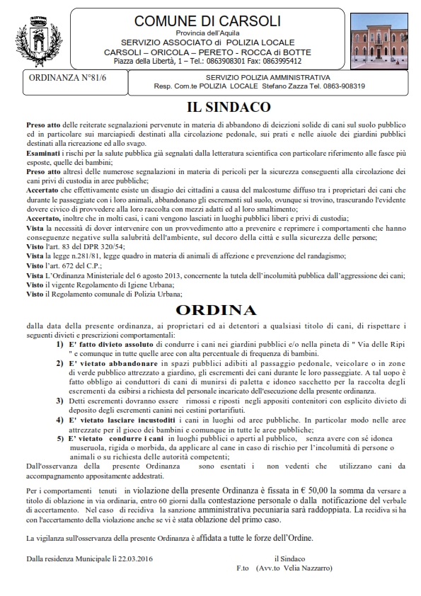 Ordinanza Comunale Carsoli