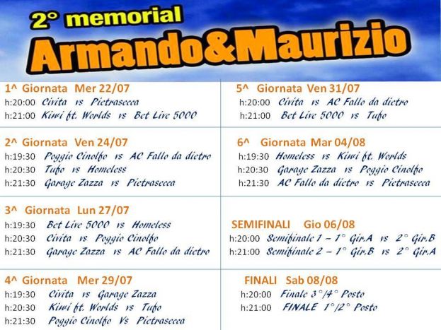 CIVITA DI ORICOLA,2° MEMORIAL "ARMANDO &amp; MAURIZIO":IL CALENDARIO DEGLI INCONTRI
