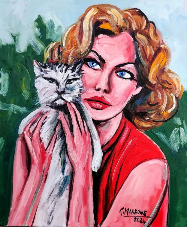 donna col gatto olio su tela 60x50 2024