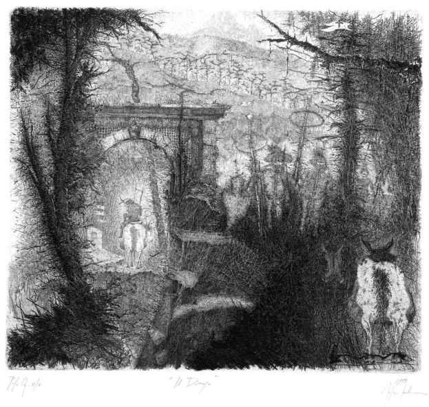 Andrea Lelario, IL DIRUPO (1993), etching, drypoint and engraving on copper. 282x324 mm. Frame 50x70 cm. Credits by Andrea Lelario