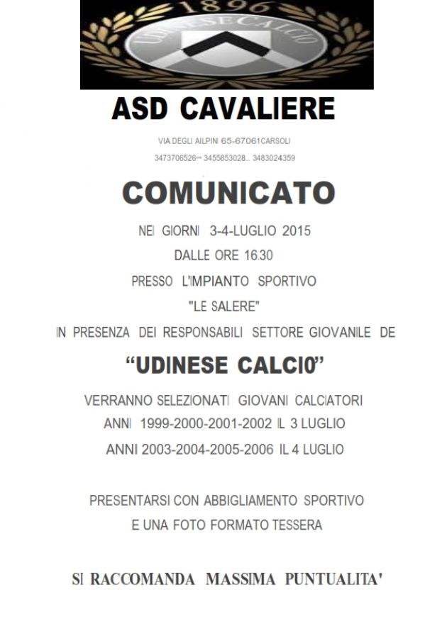 L'UDINESE CALCIO SELEZIONA I GIOVANI CALCIATORI DELLA PIANA DEL CAVALIERE