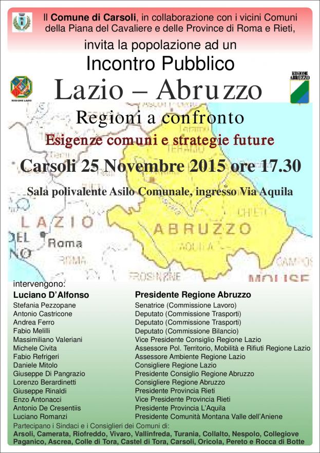 ABRUZZO E LAZIO A CONFRONTO,ESIGENZE COMUNI E STRATEGIE FUTURE:INCONTRO PUBBLICO IL 25 NOVEMBRE A CARSOLI