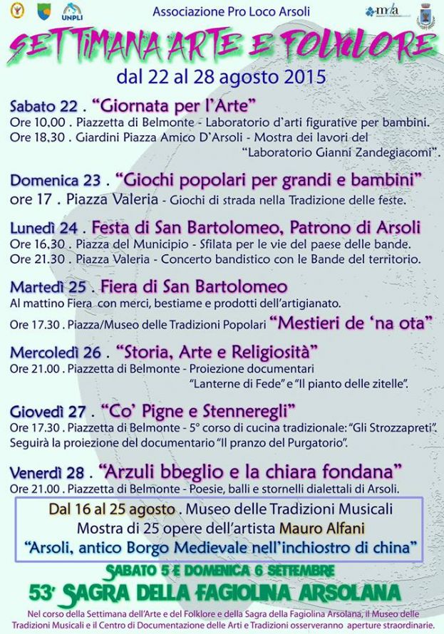 ARSOLI,SETTIMANA D'ARTE E FOLCLORE DAL 22 AL 28 AGOSTO
