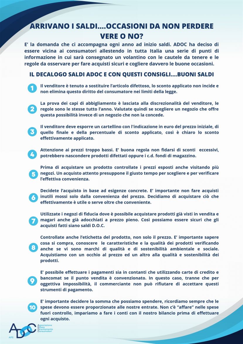 SALDI, LE INIZITIVE E I CONSIGLI DELL'ADOC ABRUZZO