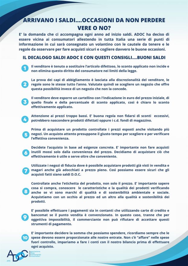 SALDI, LE INIZITIVE E I CONSIGLI DELL'ADOC ABRUZZO