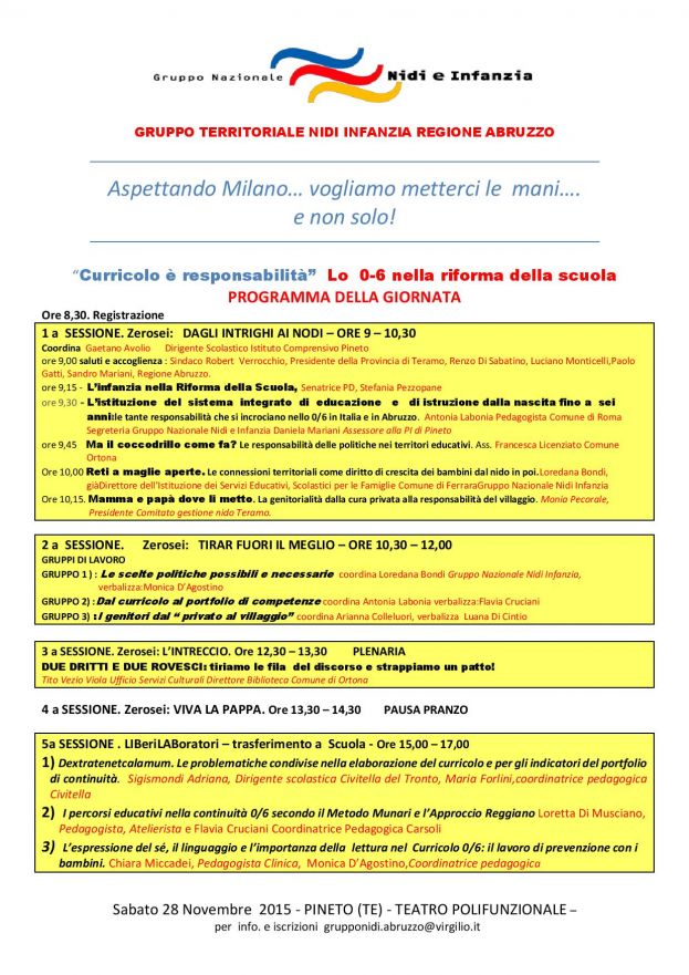 "CURRICOLO E' RESPONSABILITA'":LO 0-6 DELLA RIFORMA DELLA SCUOLA DOMANI A PINETO A PARTIRE DALLE ORE 09:00