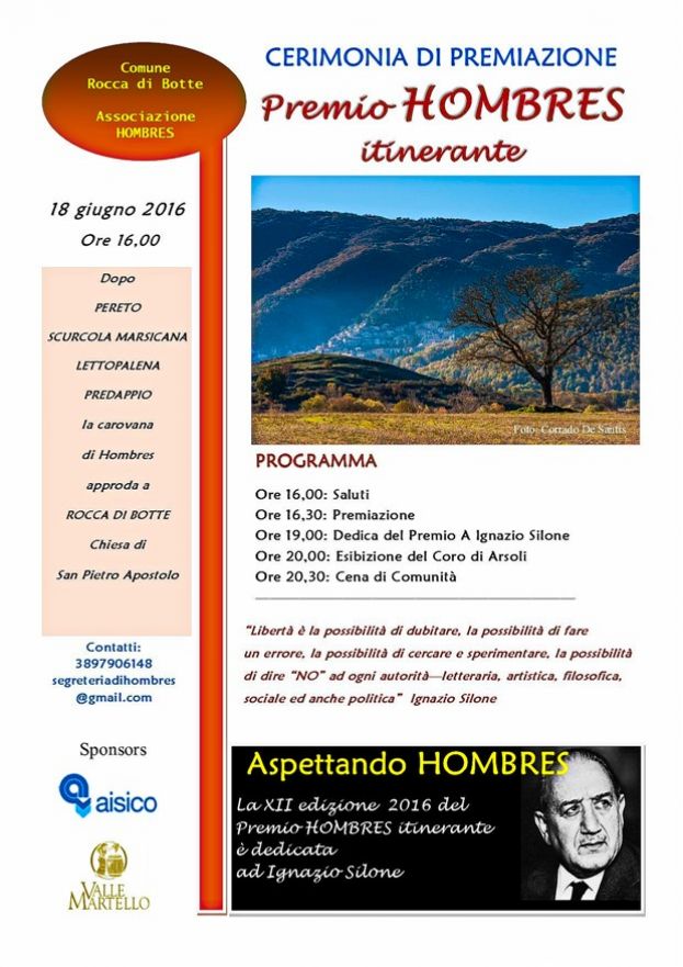 ROCCA DI BOTTE, DOMANI A PARTIRE DALLE ORE 16:00 LA CERIMONIA DI PREMIAZIONE DEL PREMIO "HOMBRES" ITINERANTE