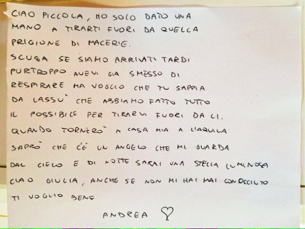 LA STRAZIANTE LETTERA DEL VIGILE DEL FUOCO AQUILANO ANDREA SULLA BARA DELLA PICCOLA GIULIA
