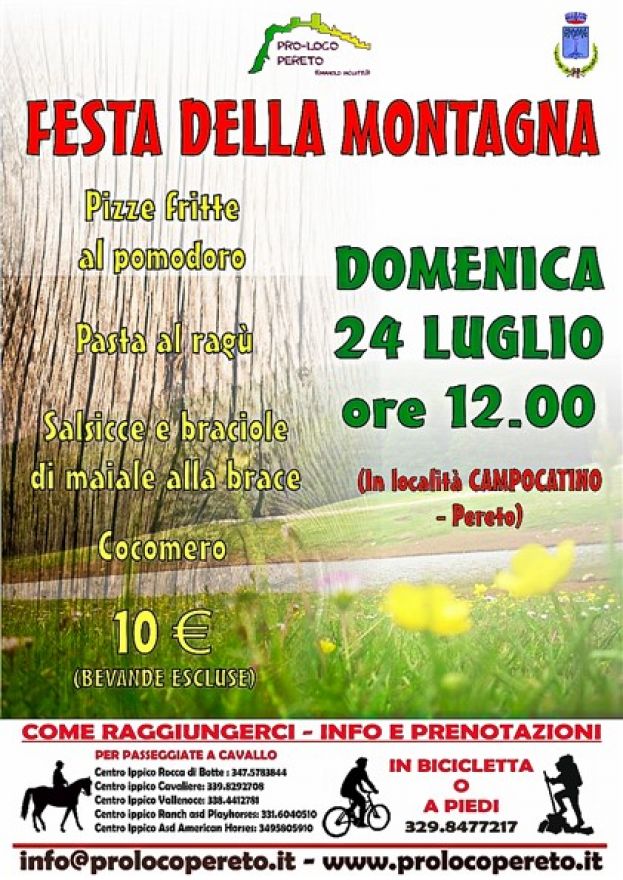 PERETO, AL VIA DOMENICA 24 LUGLIO L'EDIZIONE 2016 DELLA "FESTA DELLA MONTAGNA"