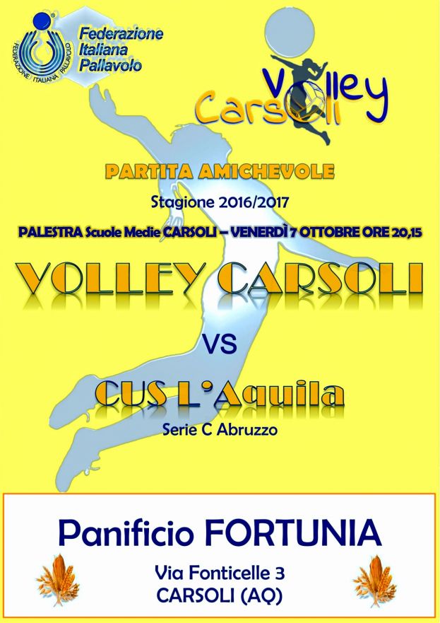 VOLLEY CARSOLI VS CUS L'AQUILA, PARTITA AMICHEVOLE PRESSO LA PALESTRA COMUNALE DOMANI SERA ALLE ORE 20:15