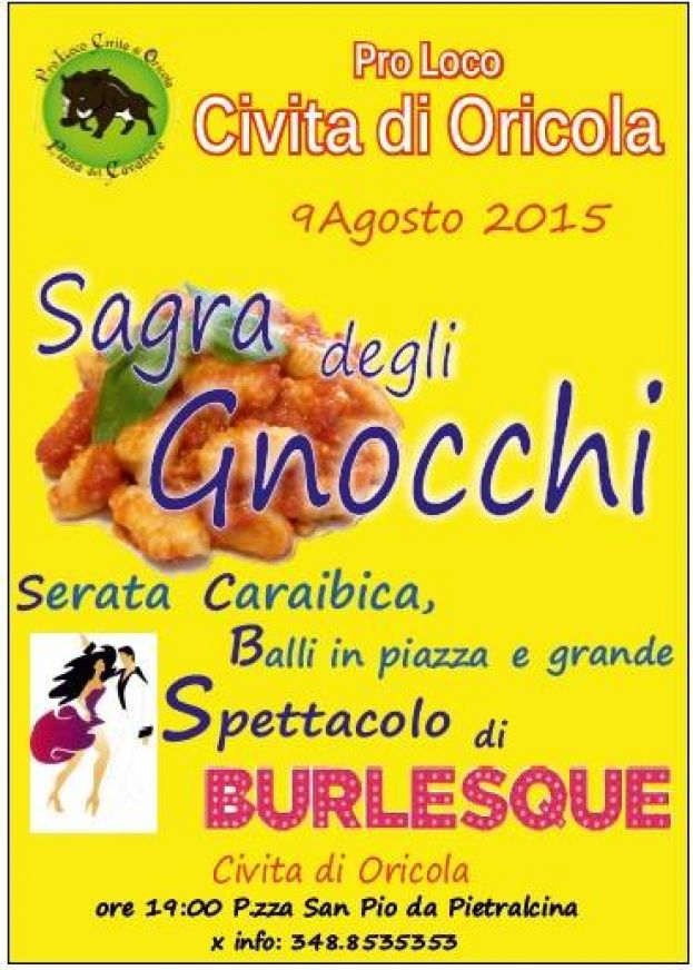 CIVITA DI ORICOLA,SAGRA DEGLI GNOCCHI CON ITALIVE DOMENICA 9 AGOSTO A PARTIRE DALLE ORE 19:00