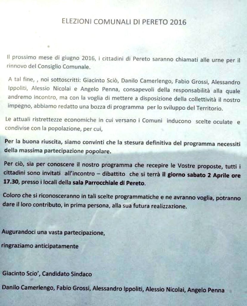 ELEZIONI COMUNALI A PERETO, GIACINTO SCIO’ SCENDE IN CAMPO