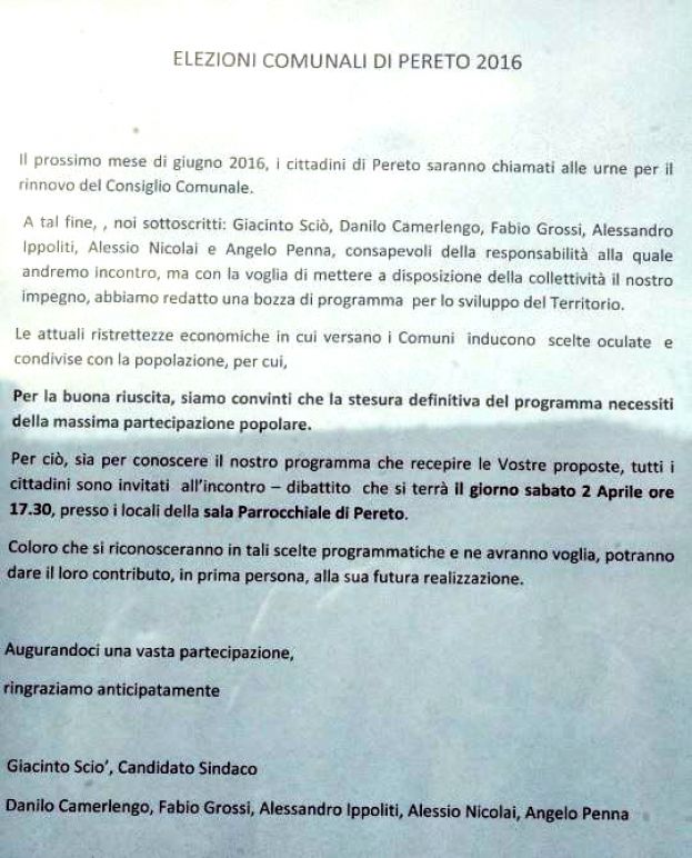 ELEZIONI COMUNALI A PERETO, GIACINTO SCIO’ SCENDE IN CAMPO