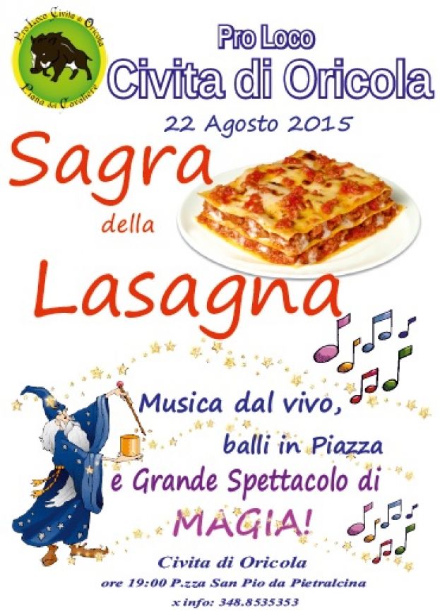 CIVITA DI ORICOLA,SAGRA DELLA LASAGNA SABATO 22 AGOSTO A PARTIRE DALLE ORE 19:00
