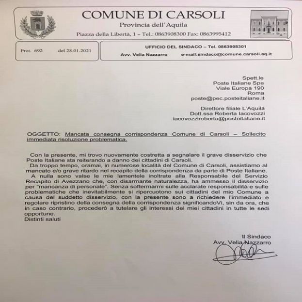 Lettera del Sindaco di Carsoli