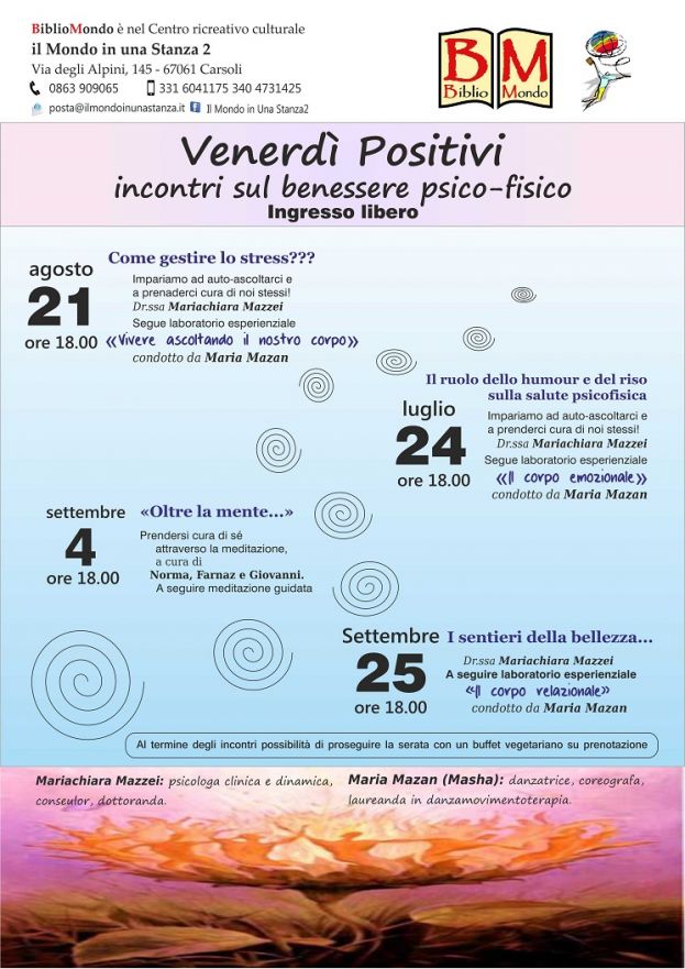 CARSOLI,SEMINARI SUL BENESSERE PSICOFISICO AL "MONDO IN UNA STANZA2"