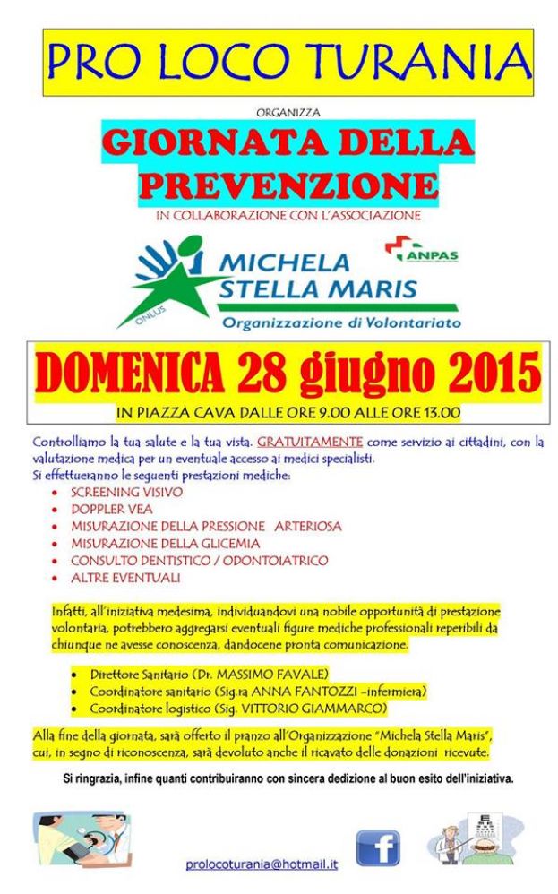 GIORNATA DELLA PREVENZIONE DOMENICA 28 GIUGNO A TURANIA