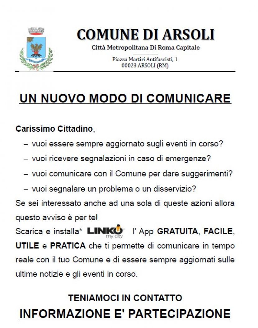 ARSOLI,L'APP LINKO:UN NUOVO MODO DI COMUNICARE