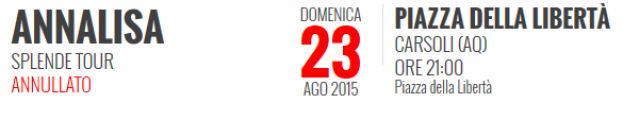 CARSOLI,ANNULLATO IL CONCERTO DI ANNALISA SCARRONE