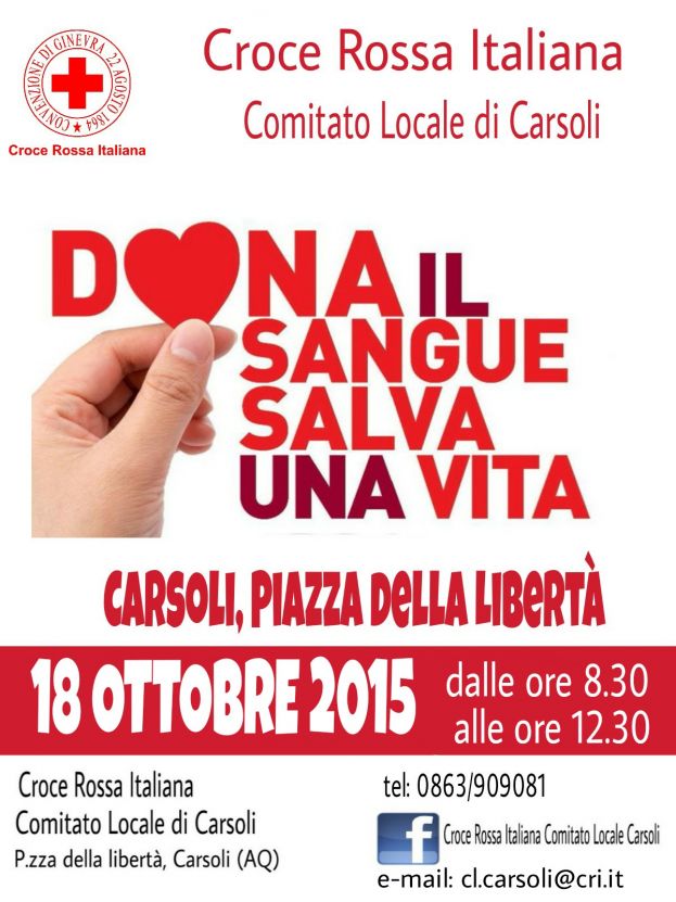 DOMENICA 18 OTTOBRE LA CROCE ROSSA DI CARSOLI RINNOVA L'APPUNTAMENTO CON LA DONAZIONE DEL SANGUE