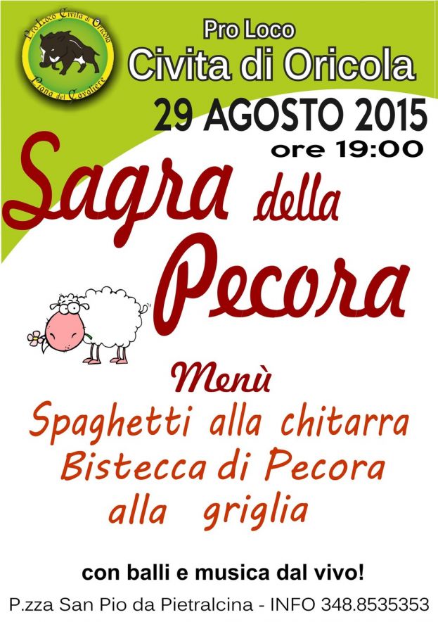 CIVITA DI ORICOLA,SAGRA DELLA PECORA SABATO 29 AGOSTO A PARTIRE DALLE ORE 19:00
