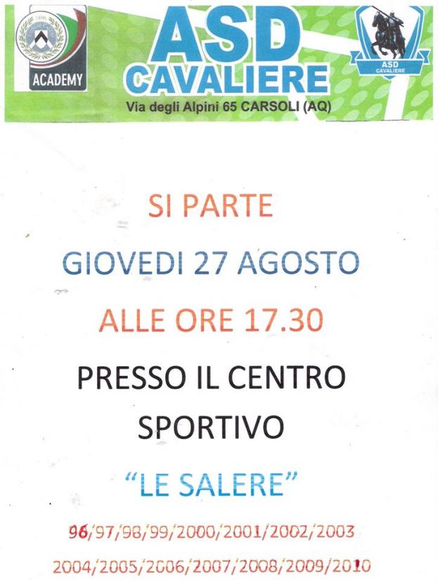 RIPARTE IL 27 AGOSTO LA NUOVA STAGIONE DELL'ASD PIANA DEL CAVALIERE