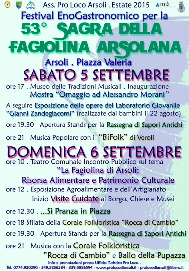 ARSOLI,53° SAGRA DELLA FAGIOLINA IL 5 E 6 SETTEMBRE