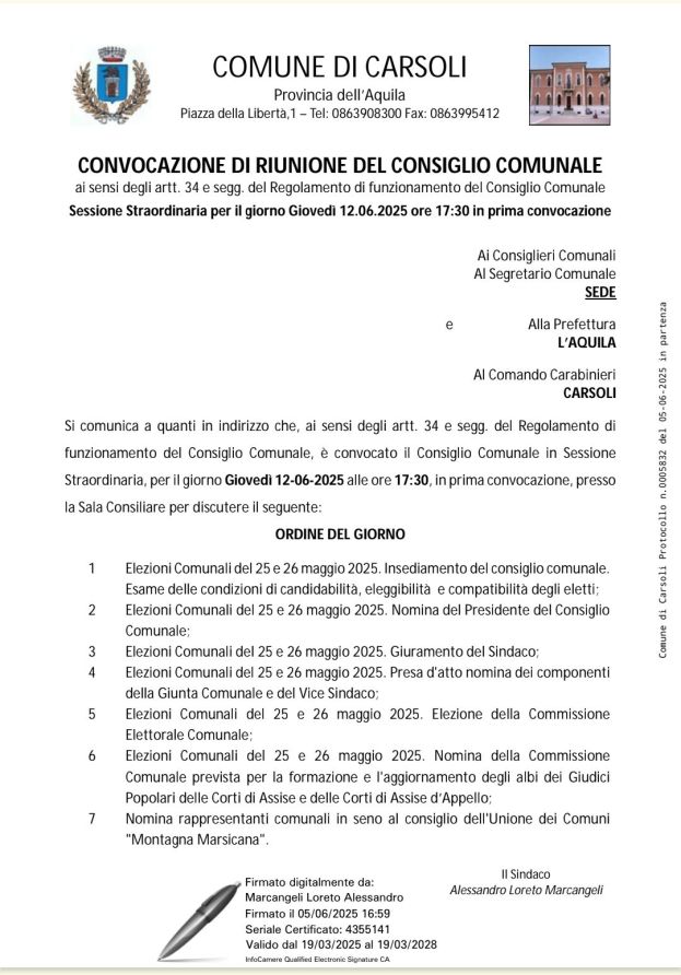 Carsoli, convocazione consiglio comunale