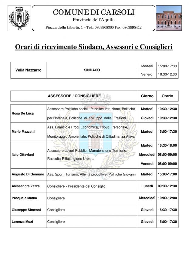 CARSOLI,ORARIO DI RICEVIMENTO DEL SINDACO,ASSESSORI E CONSIGLIERI