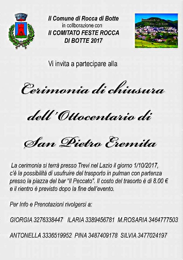 ROCCA DI BOTTE, CERIMONIA DI CHIUSURA OTTOCENTENARIO DELLA CANONIZZAZIONE DI S. PIETRO EREMITA
