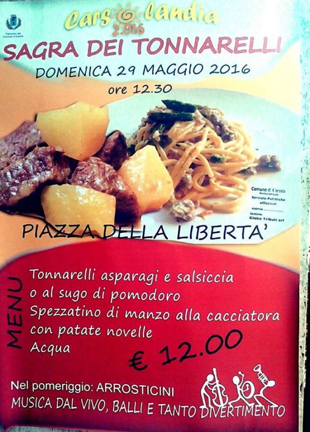 CARSOLI, SAGRA DEI TONNARELLI DOMENICA 29 MAGGIO A PARTIRE DALLE ORE 12:30 IN PIAZZA DELLA LIBERTA'
