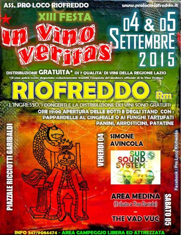 RIOFREDDO,XIII FESTA IN VINO VERITAS VENERDI' 4 SETTEMBRE DALLE ORE 19:00