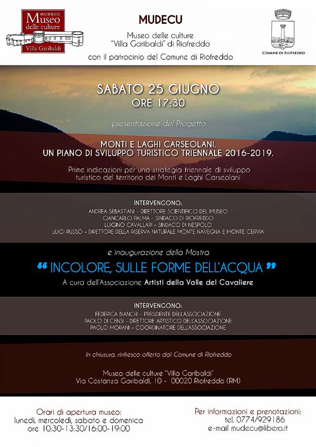 RIOFREDDO, SABATO 25 GIUGNO PRESENTAZIONE DEL PROGETTO"MONTI E LAGHI CARSEOLANI. UN PIANO DI SVILUPPO TRIENNALE 2016-2019"