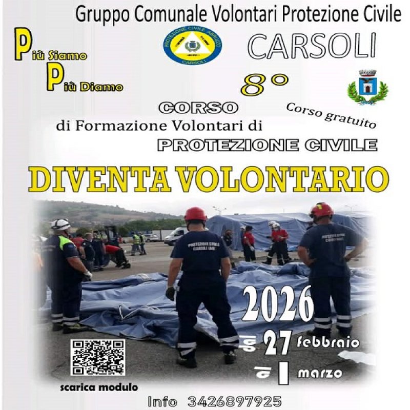 CARSOLI - AL VIA LE ISCRIZIONI PER L'OTTAVO CORSO DELLA PROTEZIONE CIVILE