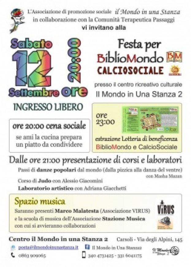 CARSOLI, FESTA PER BIBLIOMONDO E CALCIOSOCIALE AL "MONDO IN UNA STANZA2"