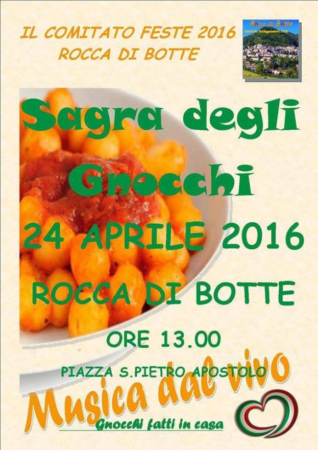 ROCCA DI BOTTE, SAGRA DEGLI GNOCCHI DOMENICA 24 APRILE A PARTIRE DALLE ORE 13:00